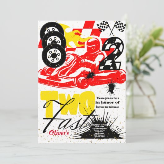 Twee Fast Race Car Boy 2e verjaardag Uitnodiging (Staand voorkant)