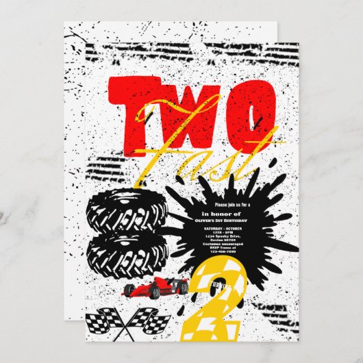 Twee Fast Race Car Boy 2e verjaardag Uitnodiging (Voorkant / Achterkant)
