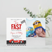 Twee Fast Race Car Boy Foto 2e Verjaardagsfeest Kaart (Staand voorkant)
