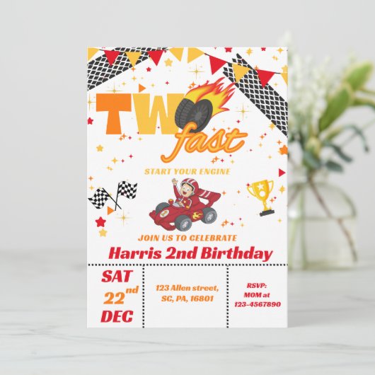 Twee Fast Race Car Boy Verjaardagsfeestje Uitnodig Kaart (Staand voorkant)