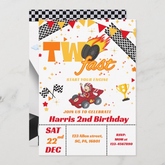 Twee Fast Race Car Boy Verjaardagsfeestje Uitnodig Kaart (Voorkant / Achterkant)