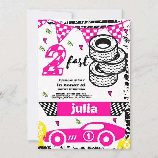 Twee Fast Race Car meisjes 2e Verjaardag Party roz Kaart (Voorkant)