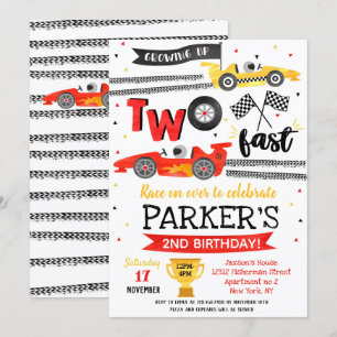 Twee Fast Race Car Racing 2e verjaardag Uitnodigin Kaart
