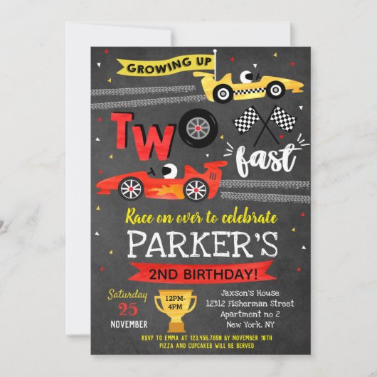 Twee Fast Race Car Racing 2e verjaardag Uitnodigin Kaart (Voorkant)