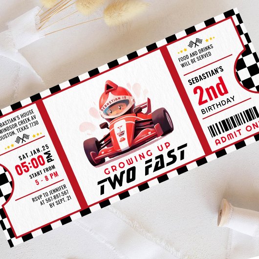 Twee Fast Race Car Ticket Pass Tweede Verjaardag I Kaart