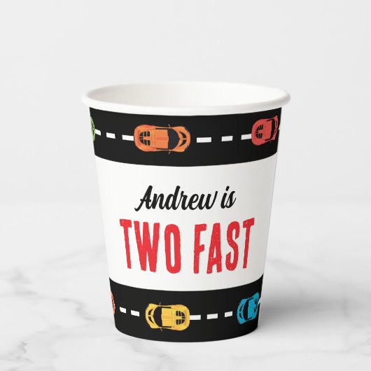 Twee Fast Race Track Boys Verjaardagsfeest Papieren Bekers (Achterkant)
