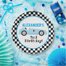 Twee Fast Racecar Blue Racing Boy Birthday Papieren Bordje
