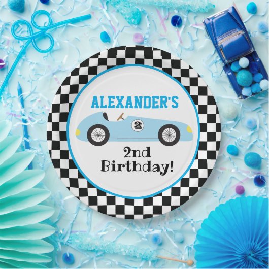 Twee Fast Racecar Blue Racing Boy Birthday Papieren Bordje (Feest)