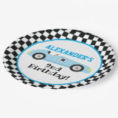 Twee Fast Racecar Blue Racing Boy Birthday Papieren Bordje (Gekanteld)