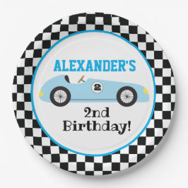 Twee Fast Racecar Blue Racing Boy Birthday Papieren Bordje
