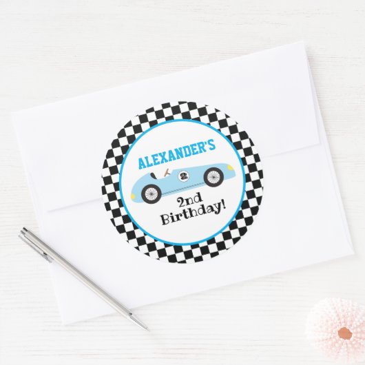 Twee Fast Racecar Blue Racing Boy Birthday Ronde Sticker (Envelop)