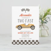 Twee Fast yellow Race Car Birthday Invitation Kaart (Staand voorkant)