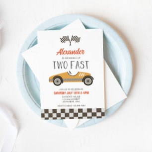 Twee Fast yellow Race Car Birthday Invitation Kaart
