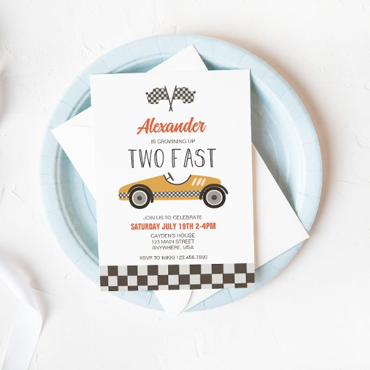 Twee Fast yellow Race Car Birthday Invitation Kaart