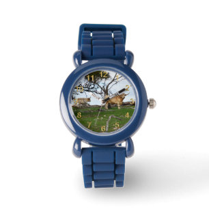Twee Fawn Highland Koeien in vredige landen, Horloge