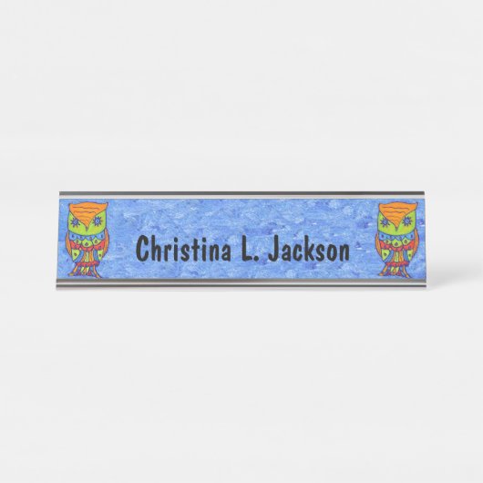Twee felgekleurde Abstracte uilen Star Eyes Blue Bureau Naambordje (Voorkant)