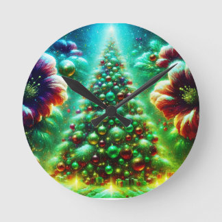Twee felgekleurde kerstbomen in een moderne omgevi ronde klok