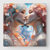 Twee figuren kussen omringd door bloesems vierkante klok (Voorkant)