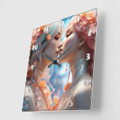 Twee figuren kussen omringd door bloesems vierkante klok (Hoek)