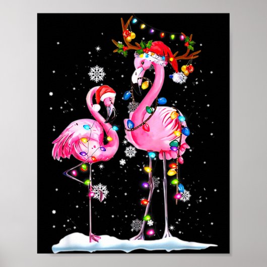 Twee Flamingo Met Kerstman Hoed En Lichtjes Pretti Poster (Voorkant)