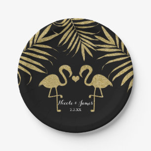 Twee flamingo's houden van zwart & goud huwelijksf papieren bordje