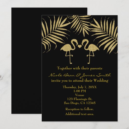 Twee flamingo's houden van zwarte en gouden uitnod kaart (Voorkant / Achterkant)