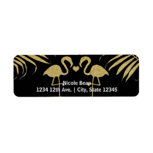 Twee flamingo's houden van zwarte & gouden trouwla etiket