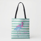 Twee Flamingos Monogram Blauwgroen Stripe Tote Bag (Voorkant)
