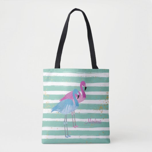 Twee Flamingos Monogram Blauwgroen Stripe Tote Bag (Voorkant)
