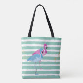 Twee Flamingos Monogram Blauwgroen Stripe Tote Bag (Achterkant)