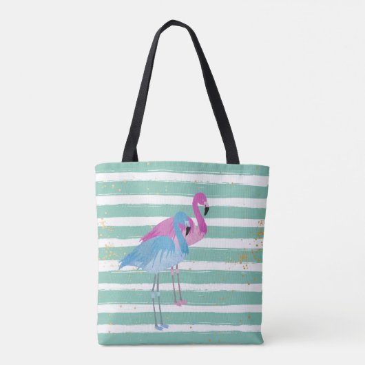 Twee Flamingos Monogram Blauwgroen Stripe Tote Bag (Achterkant)