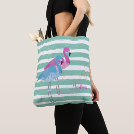 Twee Flamingos Monogram Blauwgroen Stripe Tote Bag