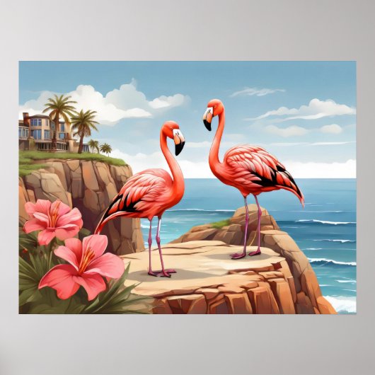 Twee flamingo's op een klif poster (Voorkant)