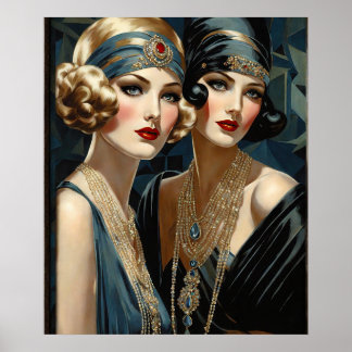 Twee flappers met off schouderjurken poster