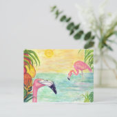 Twee Florida Flamingos Waterverf Art Briefkaart (Staand voorkant)