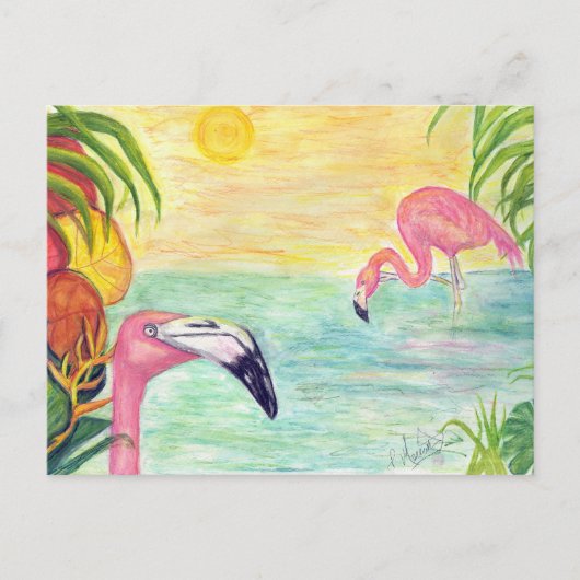 Twee Florida Flamingos Waterverf Art Briefkaart (Voorkant)