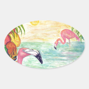 Twee Florida Flamingos Waterverf Art Ovale Sticker