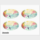 Twee Florida Flamingos Waterverf Art Ovale Sticker (Vel)