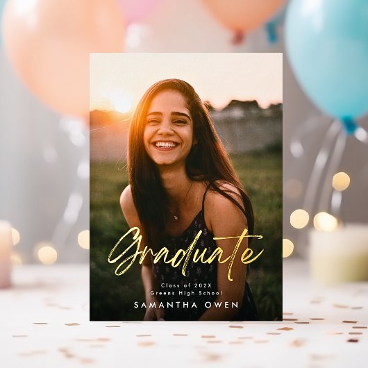 Twee foto Afstuderen partij gouden borstel Custom Folie Uitnodiging