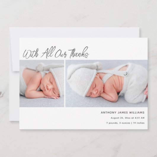 Twee foto-Baby geboortestatistieken Dank u Aankondiging (Voorkant)