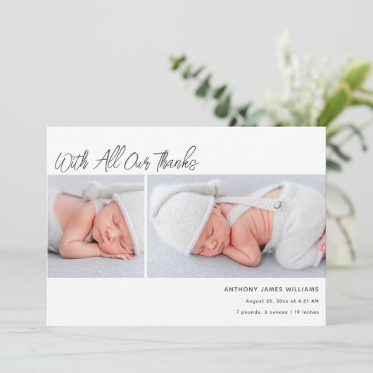 Twee foto-Baby geboortestatistieken Dank u Aankondiging (Staand voorkant)