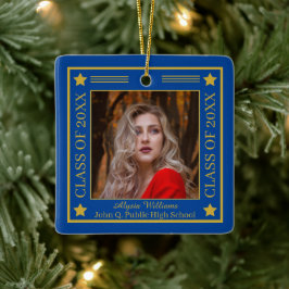 Twee foto blauw | Gold Class Year Afstuderen Keramisch Ornament