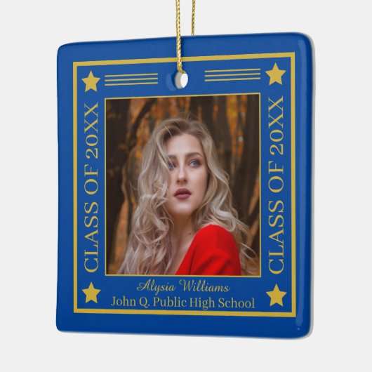 Twee foto blauw | Gold Class Year Afstuderen Keramisch Ornament (Links)