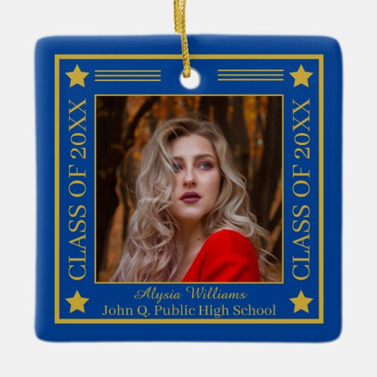 Twee foto blauw | Gold Class Year Afstuderen Keramisch Ornament (Voorkant)