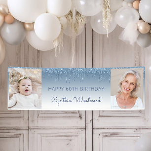 Twee Foto Blauwe Druppelende Glitter 60e Verjaarda Spandoek