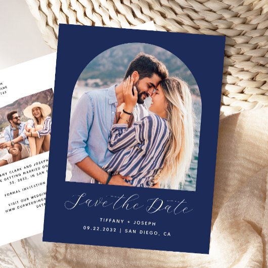 Twee Foto Boog Marine Blauw Save the Date Briefkaart