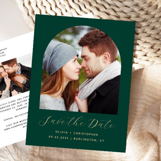 Twee foto boog smaragdgroene QR-code save the date Briefkaart