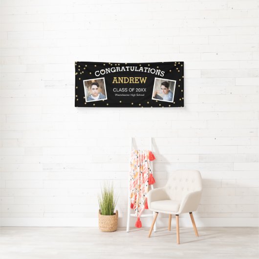 Twee foto Confetti Black Afstuderen Spandoek (Insitu)