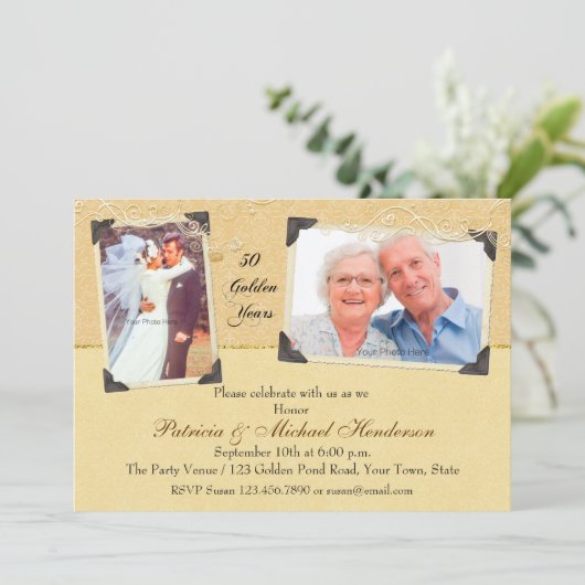 Twee Foto Gouden Jubileum Damast Kaart (Staand voorkant)