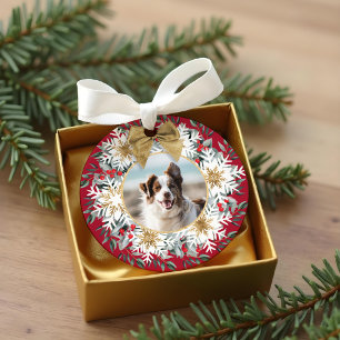 Twee Foto Kerst Feestelijke Sneeuwvlok Rode Krans Ornament